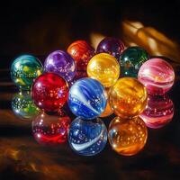A group of multicolored glass marbles on a reflective dark surface. The light creates intricate reflections and highlights the transparency. Close-up shot with a blurred background photo