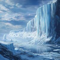 Endless ice cliffs rise above a frozen sea. Jagged formations and floating ice blocks cover the landscape. Dark clouds stretch across the sky, casting shadows over the cold, desolate environment photo