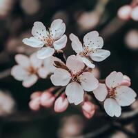 Cherry blossoms on dark background delicate petals and intricate stamens stand out against the deep shadows, creating a striking contrast minimalist floral composition highlighting natures details photo
