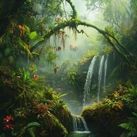 A hidden waterfall deep in the rainforest, surrounded by dense green foliage. Water tumbles down mossy rocks into a calm, clear pool, creating a peaceful tropical escape photo