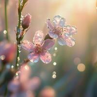 Two cherry blossoms on a branch, covered in morning dew. The droplets catch the light, enhancing the soft pink tones. A tranquil moment capturing natures fragile elegance photo