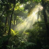 Dense tropical rainforest with towering trees and lush green foliage. Sunlight filters through the canopy, casting beams of light on the forest floor. A peaceful, untouched natural ecosystem photo