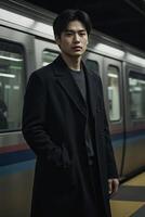 Asian man, 25 years old, black hair, wearing a black coat in a subway station photo