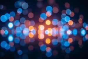 Bokeh of blue and orange lights, dark background, out of focus, soft lighting, abstract, blurred, night scene, festive atmosphere, vibrant colors photo