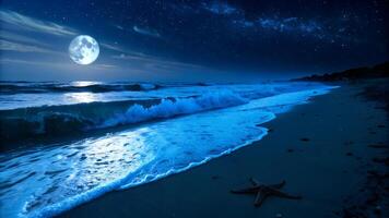 A starfish on the sand in a beach with waves at night with a full moon and a starry sky photo