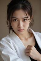 An asian woman, 22 years old, black hair, wearing a karate gi, looking at the camera, in a dojo photo
