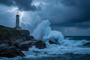 A white lighthouse on a rocky cliff with a stormy sea, large waves crashing against the rocks, lightning strikes in the dark sky photo