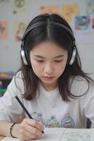 Asian Teenage girl wearing headphones, sitting at a desk, drawing in a sketchbook photo