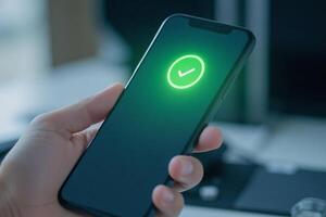 A close-up of a smartphone screen showing a successful transaction notification with a bright green checkmark photo