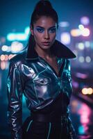 A woman in a futuristic, metallic outfit with neon accents, standing in front of a glowing cityscapei photo