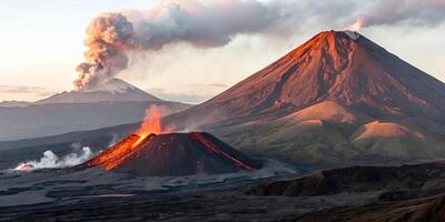 A volcano erupting with lava flowing down the side, mountain range in the background, smoke rising from the ground, clear sky photo