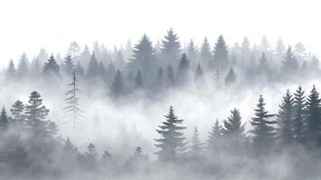A forest with tall pine trees covered in a thick layer of fog, creating a mysterious and ethereal atmosphere scene02 photo