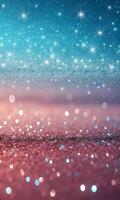 Glittery surface with a gradient from blue to pink, bokeh effect, and sparkling stars scattered throughout the image photo