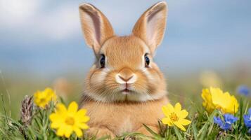 Baby bunny enjoys fresh spring grass and wildflowers in a sunny meadow on a delightful spring day photo