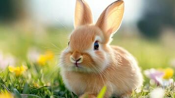 Baby bunny enjoying fresh spring grass in a sunlit meadow filled with colorful wildflowers and greenery photo