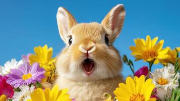 Baby bunny nibbles fresh spring grass surrounded by colorful flowers under a clear blue sky photo