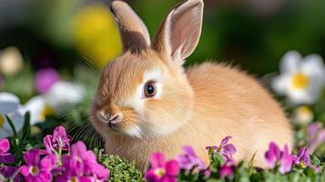 Baby bunny peacefully nibbling on fresh, vibrant grass surrounded by colorful flowers in a sunny spring setting photo