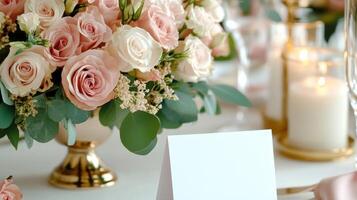 Beautiful Mother's Day table arrangement featuring pink and white roses with elegant candlelight decor in a cozy setting photo