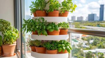 Balcony transformed into a vertical herb garden with a lush array of plants enjoying the sunlight photo