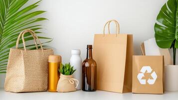 Recyclable materials arranged beautifully in a flat lay with natural elements in a modern setting photo