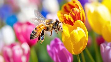 Bee pollinates vibrant flowers in a colorful garden during a sunny day photo