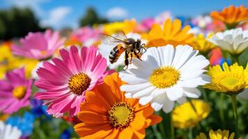 Bee pollinating vibrant flowers in a colorful garden under blue sky during daytime photo