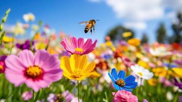 Bee flying between vibrant flowers in a colorful garden on a sunny day photo