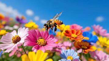 Bee pollinating colorful flowers in a vibrant garden under a clear blue sky photo