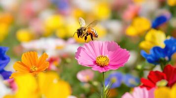 Bee collecting nectar from vibrant flowers in a sunny garden in springtime photo