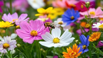 Bee collects nectar from vibrant flowers in a colorful garden blooming with diverse blossoms photo