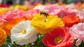 Bee pollinates vibrant flowers in a colorful garden buzzing with life during springtime photo