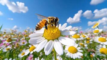 Bee gathers pollen from a daisy in a vibrant field of flowers under a blue sky photo