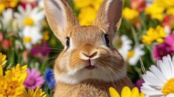 Spring meadow filled with colorful flowers and a curious rabbit enjoying the sunny day photo