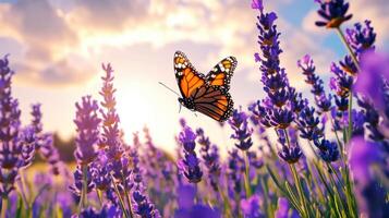Butterfly flutters above vibrant lavender field during golden hour photo