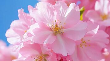 Close-up of vibrant cherry blossom captures the beauty of spring in full bloom under clear blue sky photo