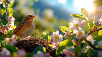 Bird resting peacefully on a branch near its nest surrounded by blooming flowers on a sunny day photo
