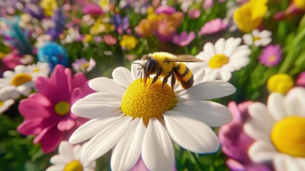 Bee perched on a daisy gathering pollen in a vibrant flower field during spring afternoon photo