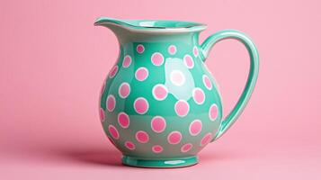 Charming vintage-style pastel pitcher with pink and white polka dots against a bright pink background photo