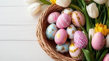 Charming Easter-themed flat lay featuring beautifully decorated eggs and fresh tulips in a natural setting photo