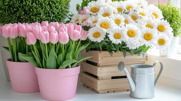 Charming garden corner featuring stacked pots with pink tulips and white daisies beside a watering can photo