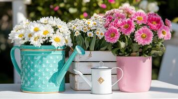 Charming garden corner with stacked pots featuring vibrant flowers and watering cans in a sunny outdoor setting photo
