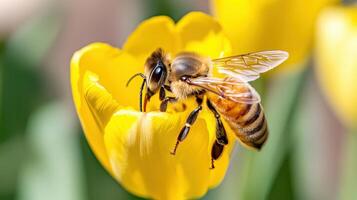 Close-up of a bee pollinating a bright yellow tulip in a vibrant garden during springtime photo