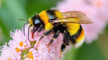 Close-up view of a bee collecting nectar from a vibrant flower in a sunny garden photo