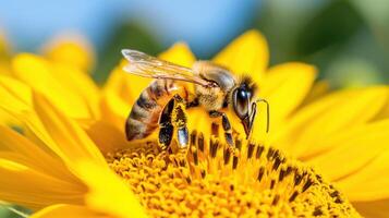 Close-up view of a bee gently landing on a vibrant sunflower during a sunny day in a garden photo