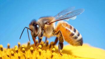 Close-up of a bee landing on a vibrant flower under a clear blue sky, showcasing nature's intricate details and the beauty of pollination photo