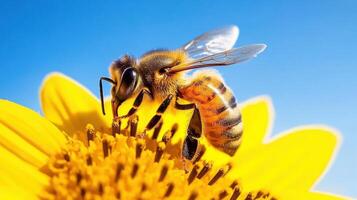 Close-up view of a bee landing gently on a vibrant sunflower under clear blue skies in mid-summer photo
