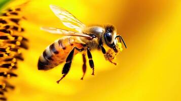 Bee gently landing on a vibrant sunflower blossom during a sunny afternoon in a colorful garden photo