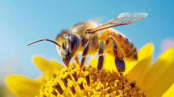 Close-up view of a bee gently landing on a vibrant yellow flower in a sunny garden photo