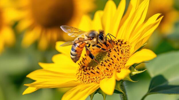 Close-up view of a bee gently landing on a vibrant sunflower in a sunny field during late spring photo