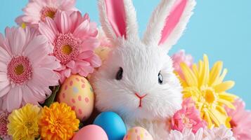 Cheerful Easter celebration with a bunny amidst colorful flowers and decorated eggs filled with joy photo